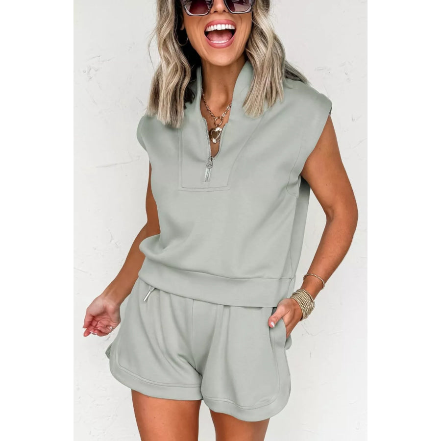 Quarter Zip Sleeveless Top Drawstring Shorts Casual 2pcs Outfit Apparel and Accessories