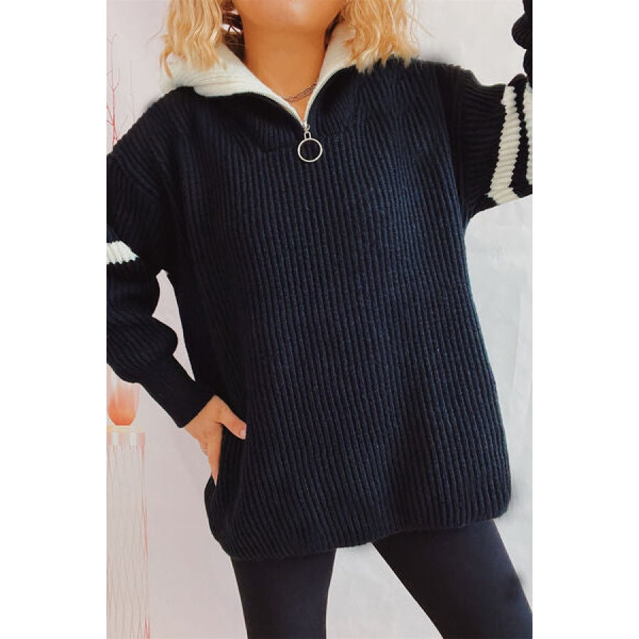 Quarter Zip Striped Dropped Shoulder Sweater Apparel and Accessories