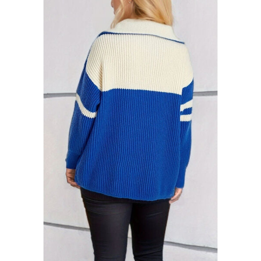 Quarter Zip Striped Dropped Shoulder Sweater Royal Blue / One Size Apparel and Accessories