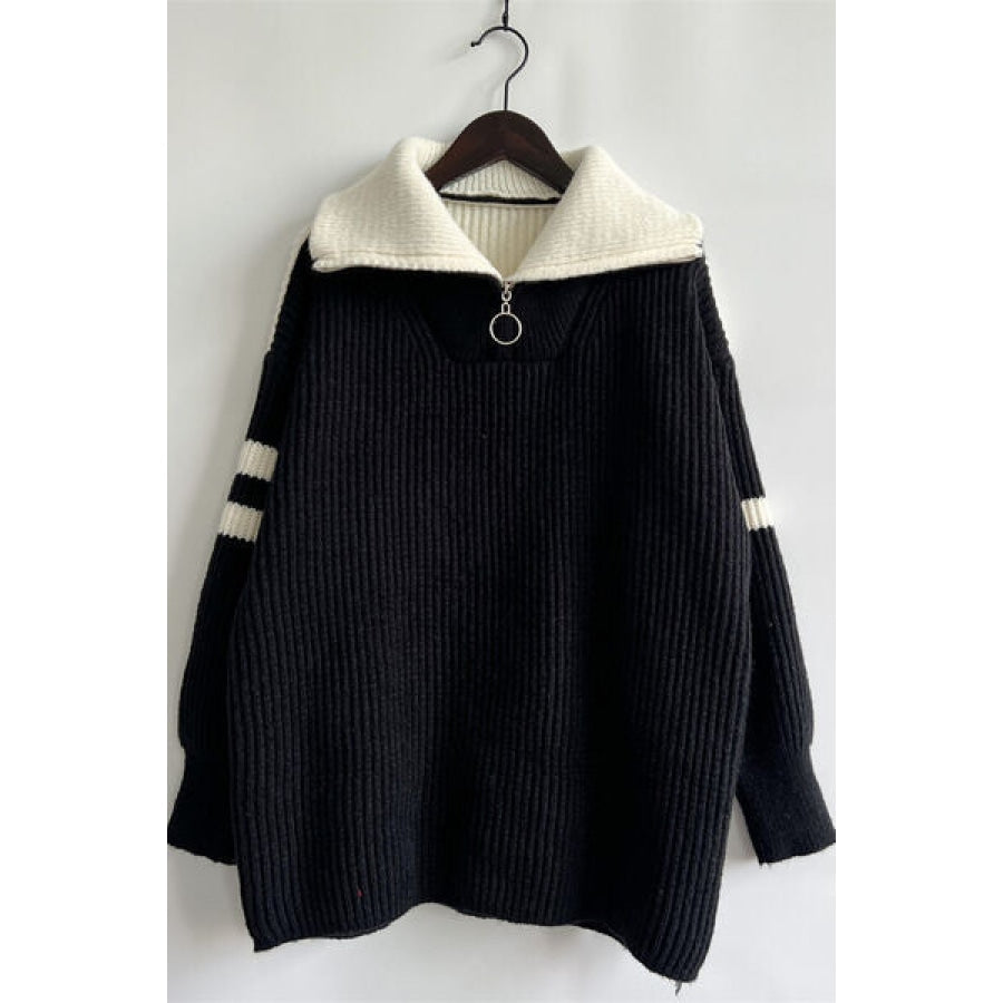 Quarter Zip Striped Dropped Shoulder Sweater Apparel and Accessories