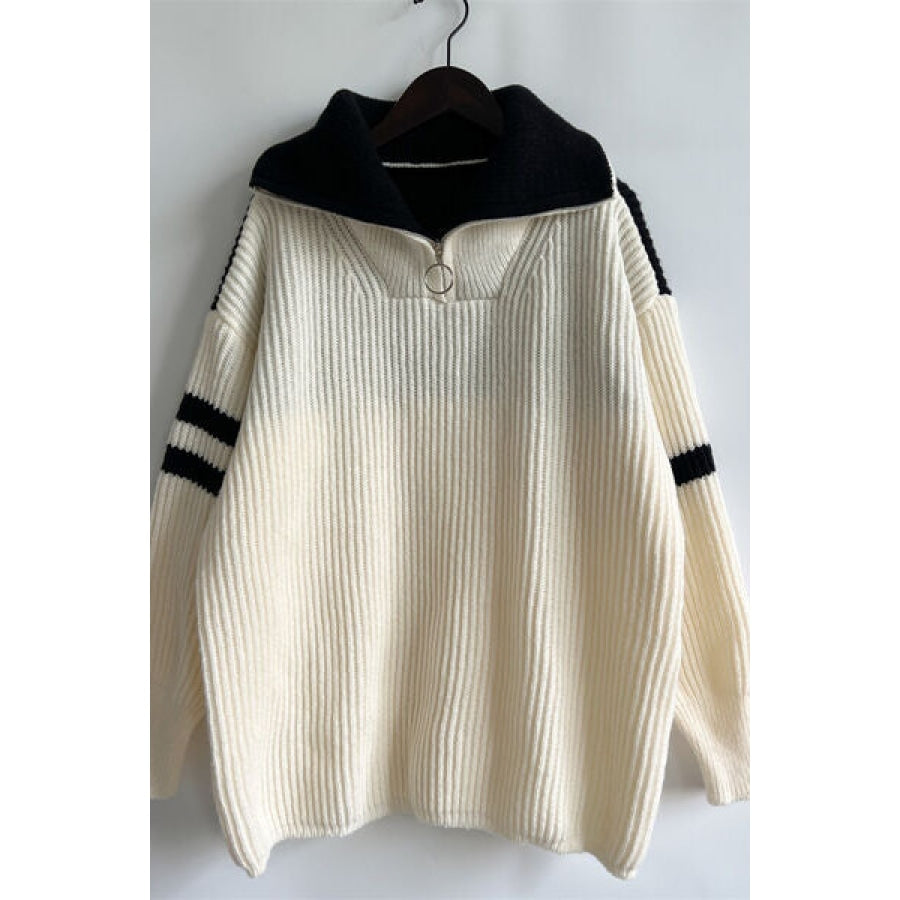 Quarter Zip Striped Dropped Shoulder Sweater Apparel and Accessories