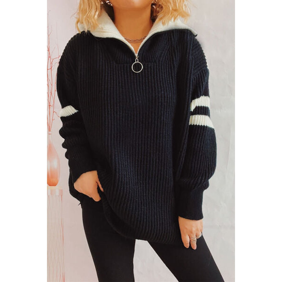 Quarter Zip Striped Dropped Shoulder Sweater Black / One Size Apparel and Accessories