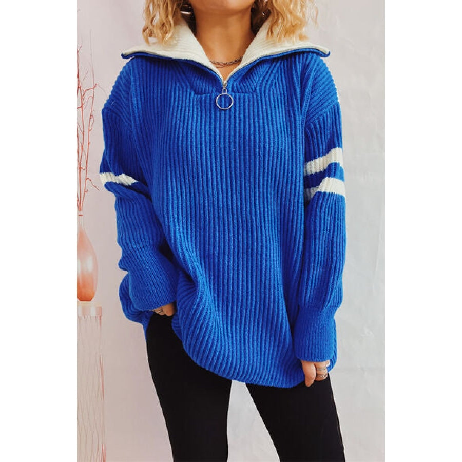 Quarter Zip Striped Dropped Shoulder Sweater Royal Blue / One Size Apparel and Accessories