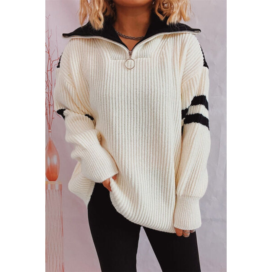 Quarter Zip Striped Dropped Shoulder Sweater White / One Size Apparel and Accessories