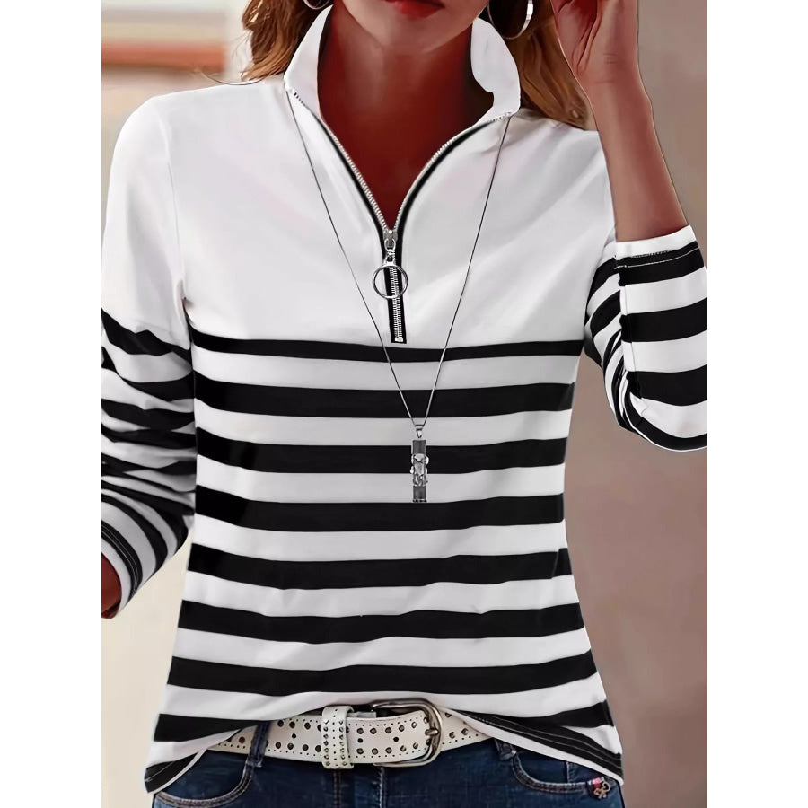 Quarter-Zip Striped Long Sleeve T-Shirt Black And White / S Apparel Accessories