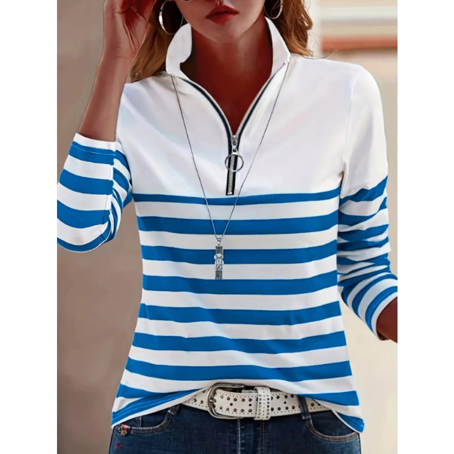 Quarter-Zip Striped Long Sleeve T-Shirt Blue And White / S Apparel Accessories