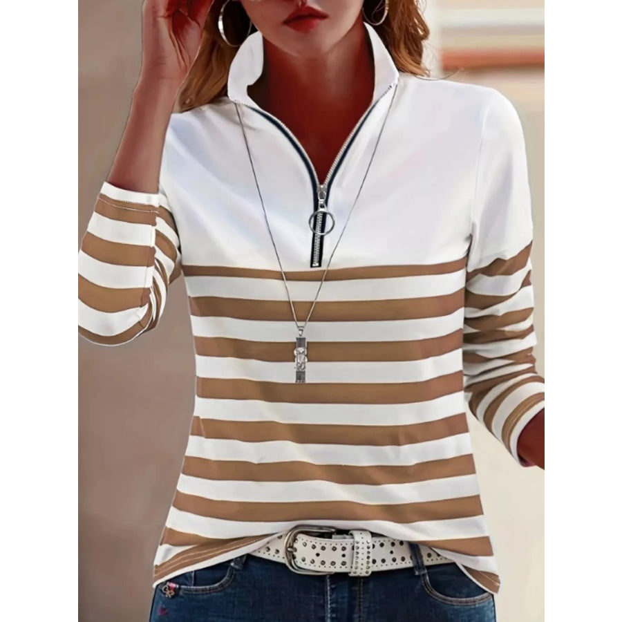 Quarter-Zip Striped Long Sleeve T-Shirt Brown And White / S Apparel Accessories