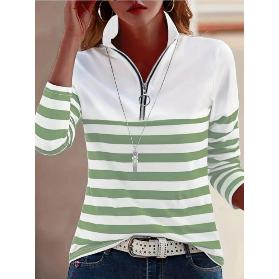 Quarter-Zip Striped Long Sleeve T-Shirt Green White / S Apparel and Accessories