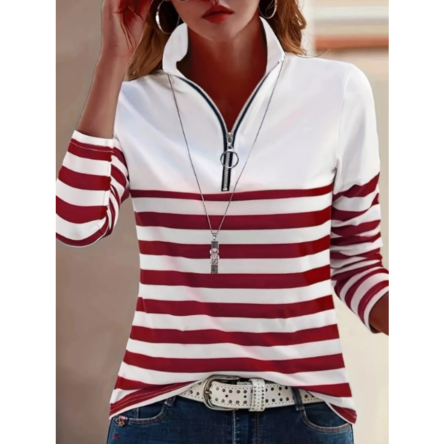 Quarter-Zip Striped Long Sleeve T-Shirt Red And White / S Apparel Accessories