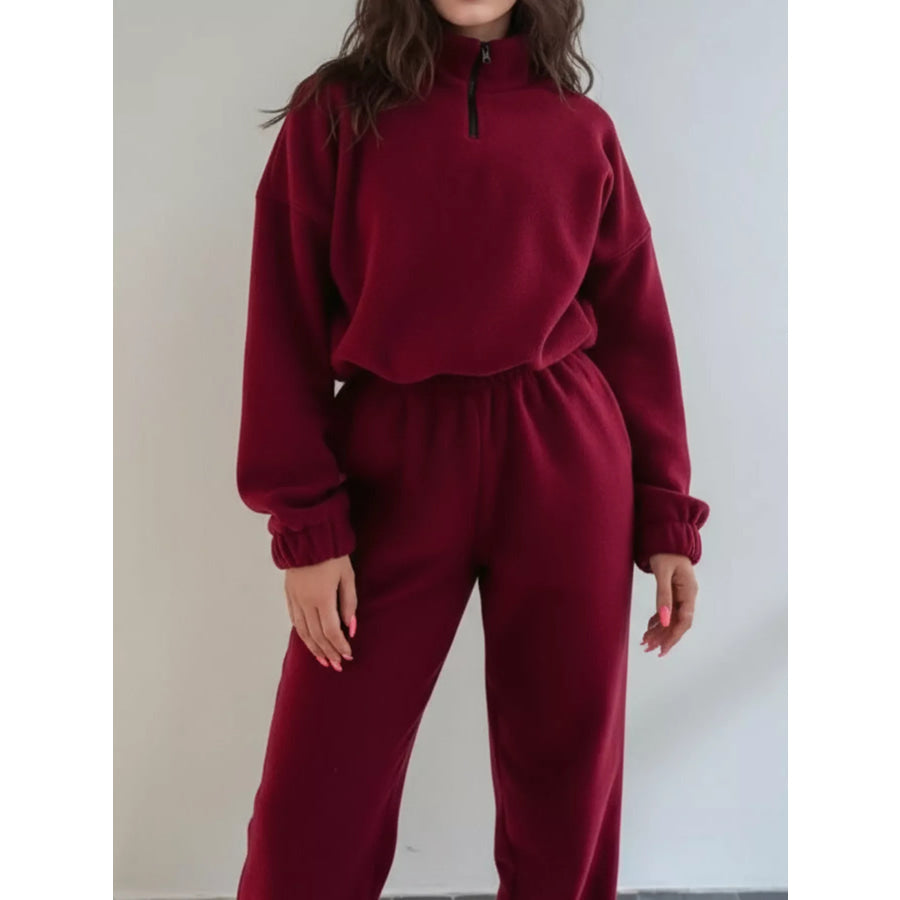 Quarter Zip Sweatshirt and Pants Set Burgundy / S Apparel and Accessories
