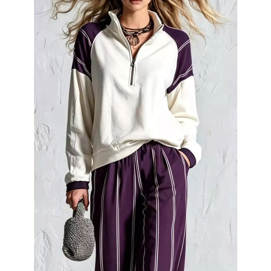 Quarter-Zip Sweatshirt and Striped Wide-Leg Pants Set Apparel Accessories