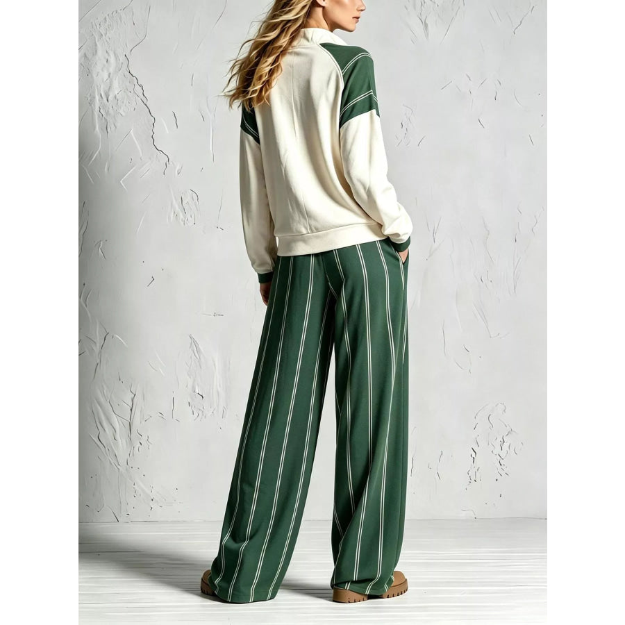 Quarter-Zip Sweatshirt and Striped Wide-Leg Pants Set Dark Green / S Apparel Accessories