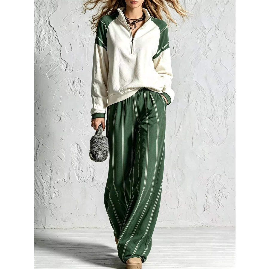 Quarter-Zip Sweatshirt and Striped Wide-Leg Pants Set Dark Green / S Apparel Accessories