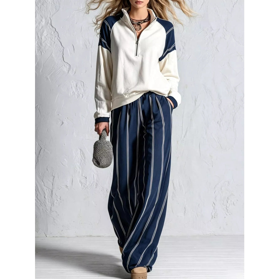 Quarter-Zip Sweatshirt and Striped Wide-Leg Pants Set Navy Blue / S Apparel Accessories