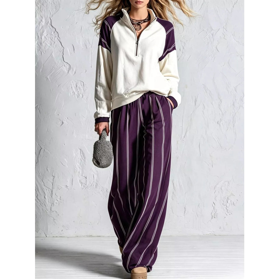 Quarter-Zip Sweatshirt and Striped Wide-Leg Pants Set Purple / S Apparel Accessories