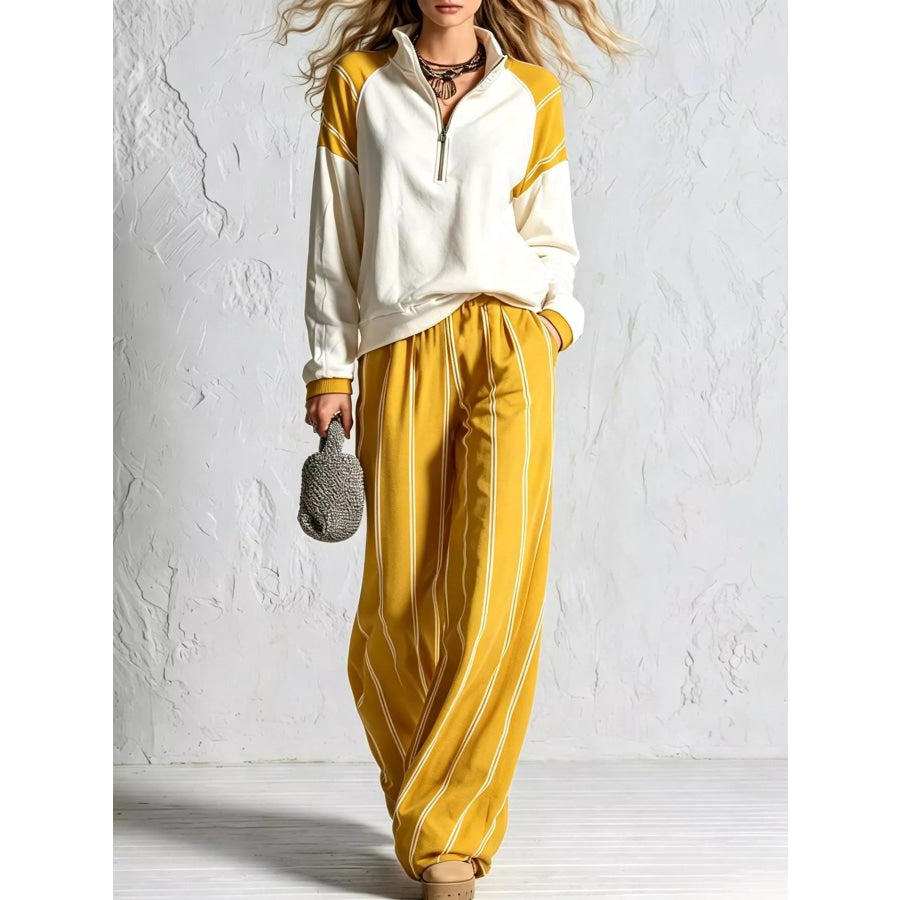 Quarter-Zip Sweatshirt and Striped Wide-Leg Pants Set Yellow / S Apparel Accessories