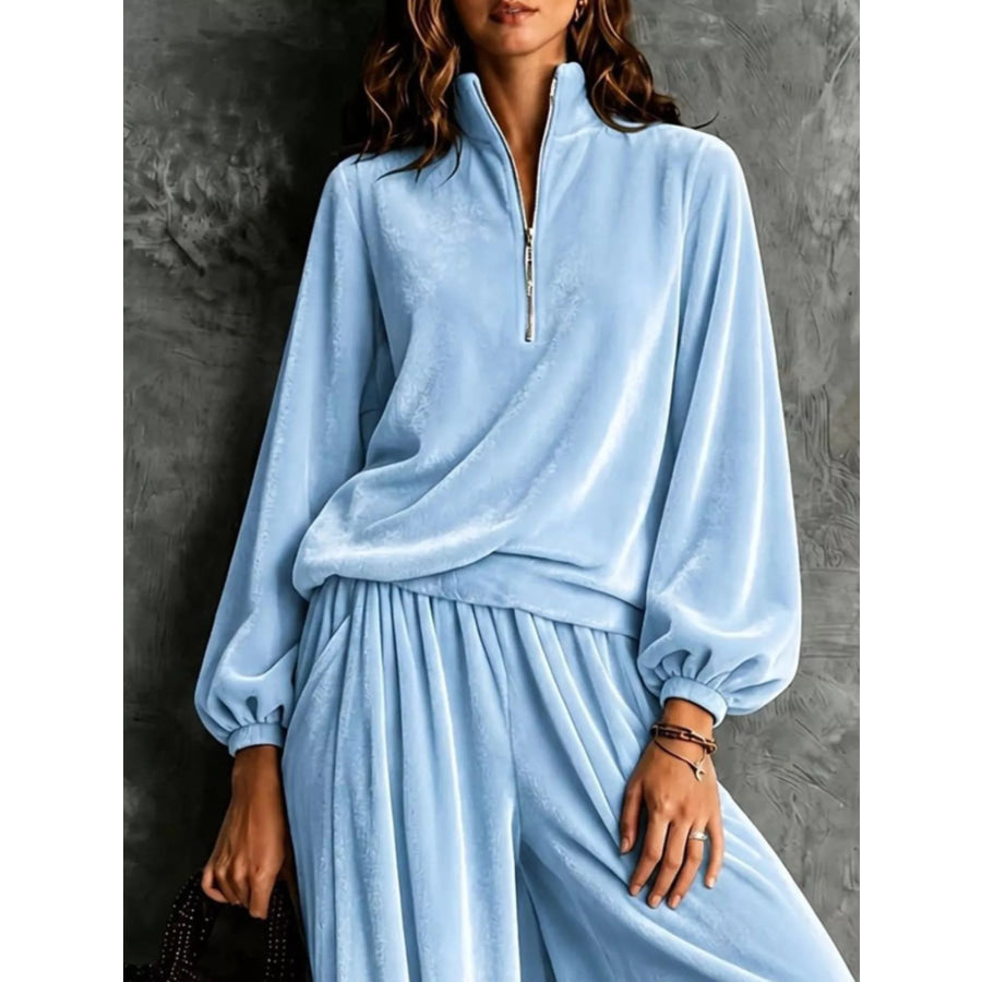 Quarter-Zip Sweatshirt and Wide-Leg Pants Light Blue / S