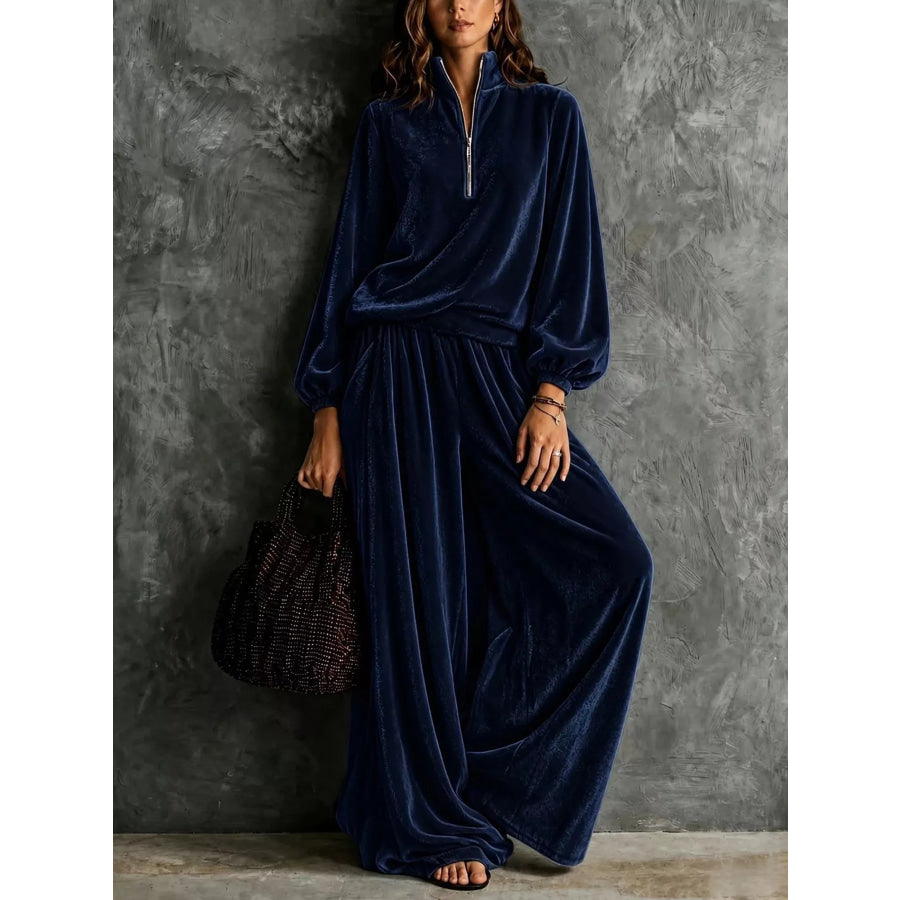 Quarter-Zip Sweatshirt and Wide-Leg Pants Navy Blue / S