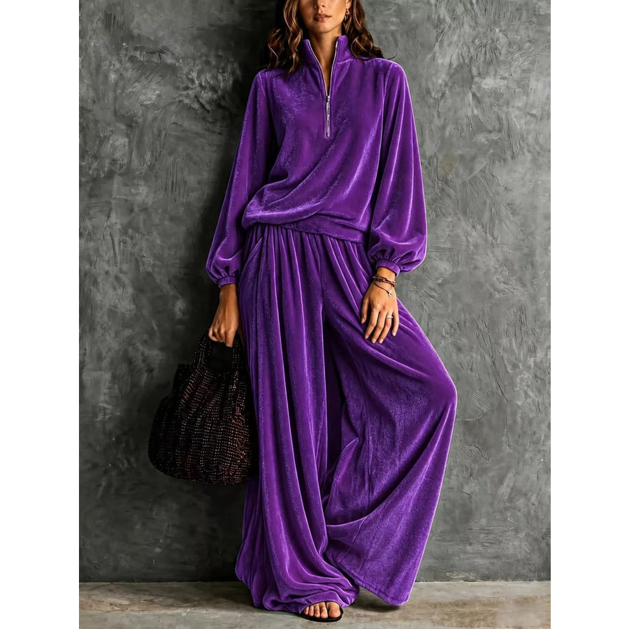 Quarter-Zip Sweatshirt and Wide-Leg Pants