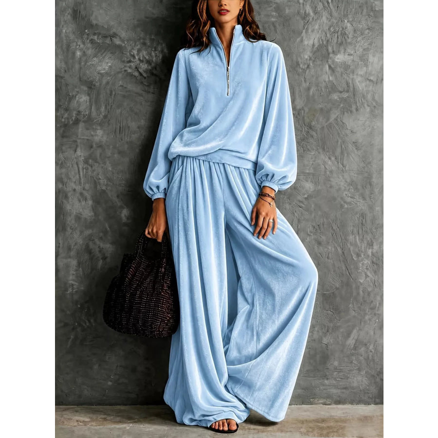 Quarter-Zip Sweatshirt and Wide-Leg Pants