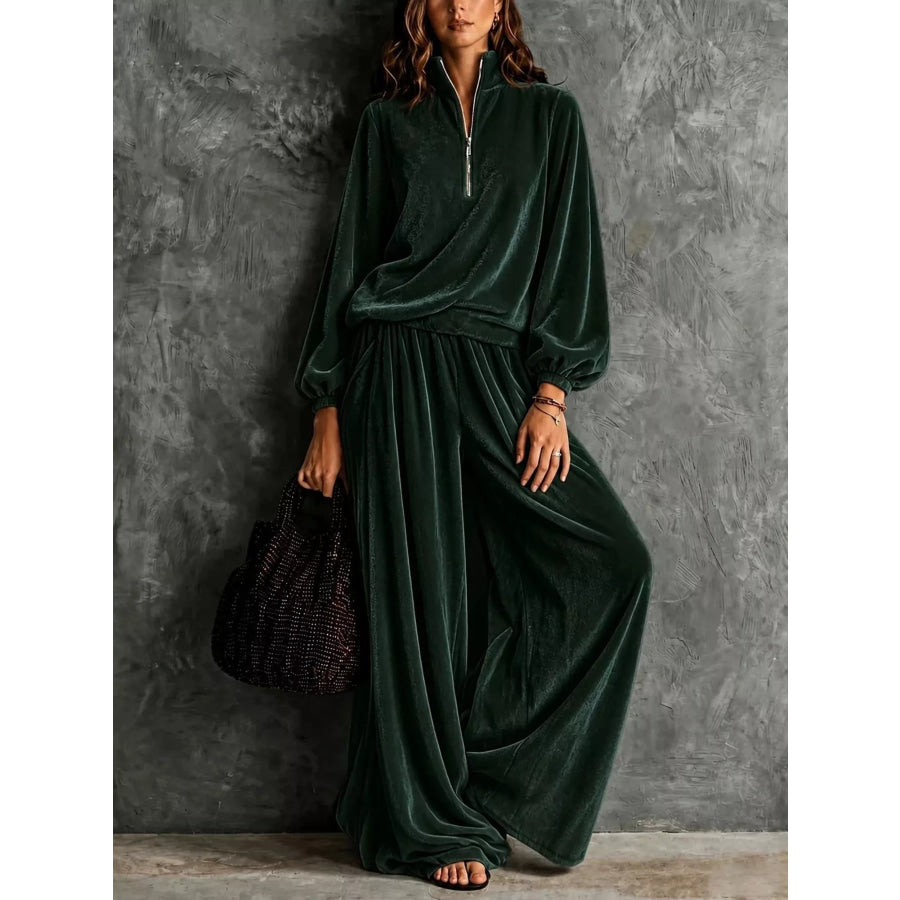 Quarter-Zip Sweatshirt and Wide-Leg Pants