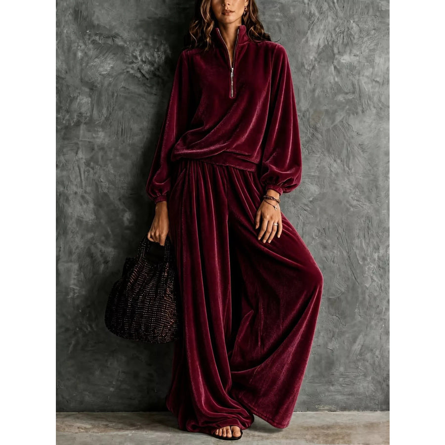 Quarter-Zip Sweatshirt and Wide-Leg Pants Wine Red / S