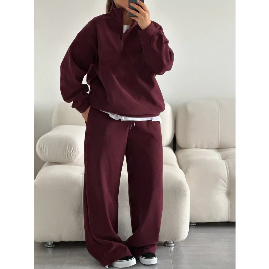 Quarter-Zip Top and Wide-Leg Sweatpants Set Burgundy / S Apparel and Accessories