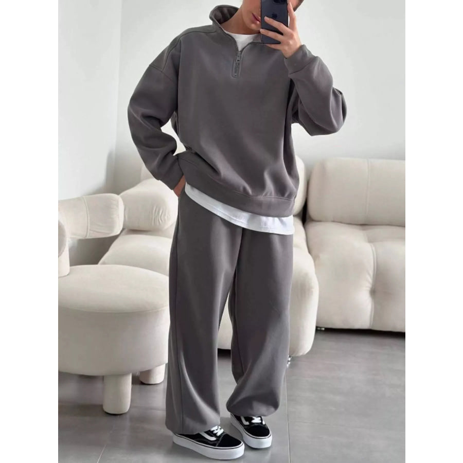 Quarter-Zip Top and Wide-Leg Sweatpants Set Dark Gray / S Apparel and Accessories