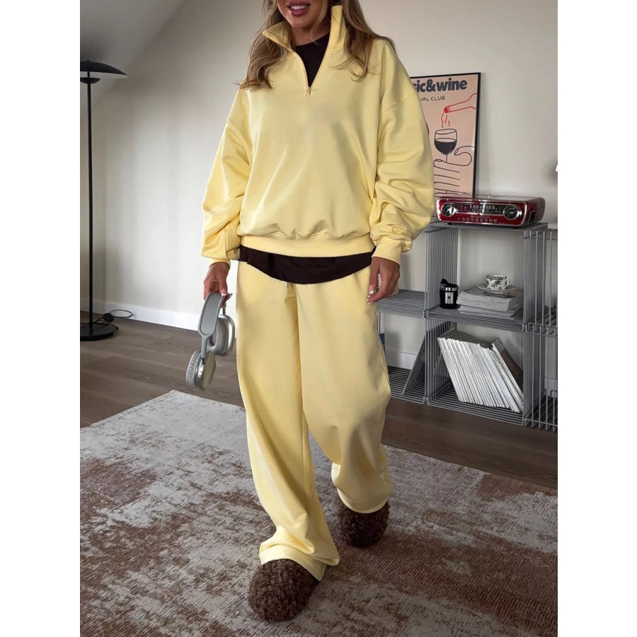 Quarter-Zip Top and Wide-Leg Sweatpants Set Light Yellow / S Apparel and Accessories