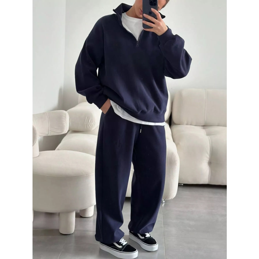 Quarter-Zip Top and Wide-Leg Sweatpants Set Navy Blue / S Apparel and Accessories