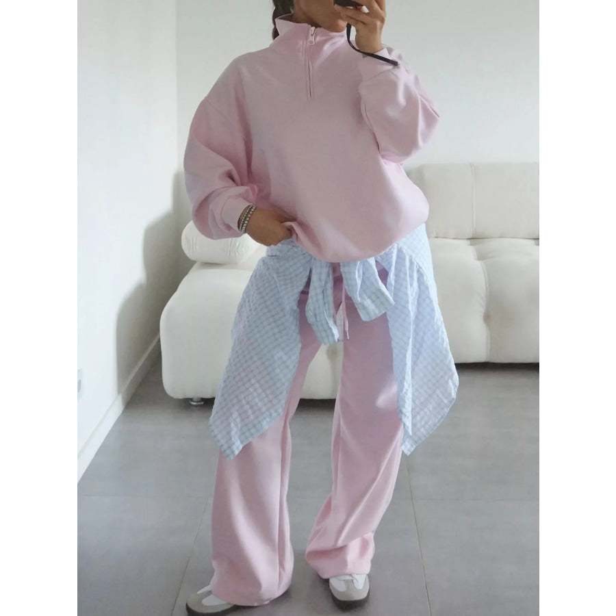 Quarter-Zip Top and Wide-Leg Sweatpants Set Pink / S Apparel and Accessories