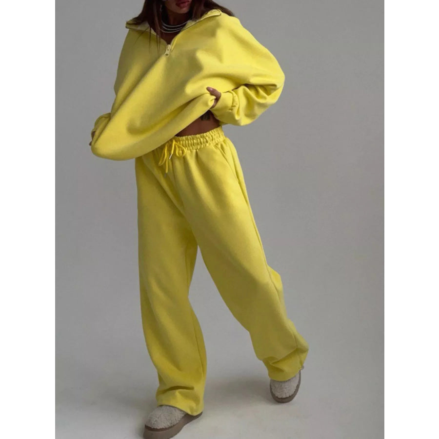 Quarter-Zip Top and Wide-Leg Sweatpants Set Yellow / S Apparel and Accessories