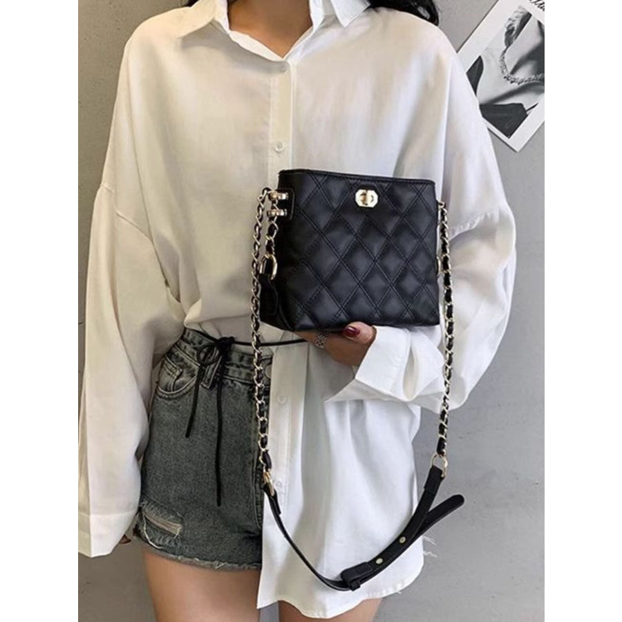 Quilted Bucket Crossbody Bag with Chain Strap Black / ONESIZE Apparel and Accessories