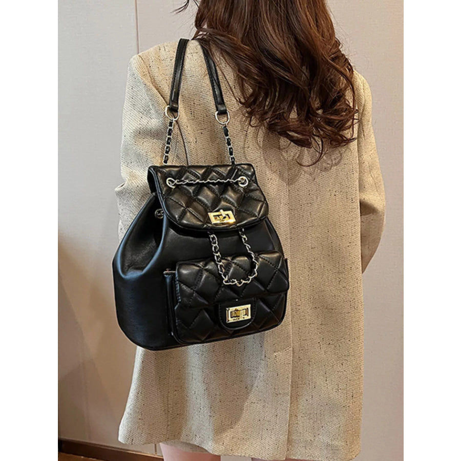 Quilted Chain Decor Backpack Bag Black / One Size Apparel and Accessories