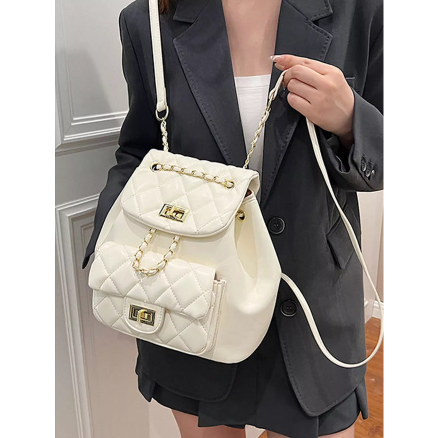 Quilted Chain Decor Backpack Bag White / One Size Apparel and Accessories