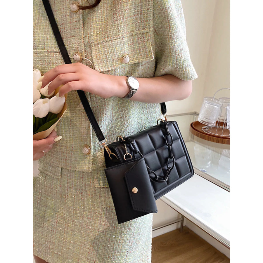 Quilted Chain Strap Crossbody Bag Black / One Size Apparel and Accessories