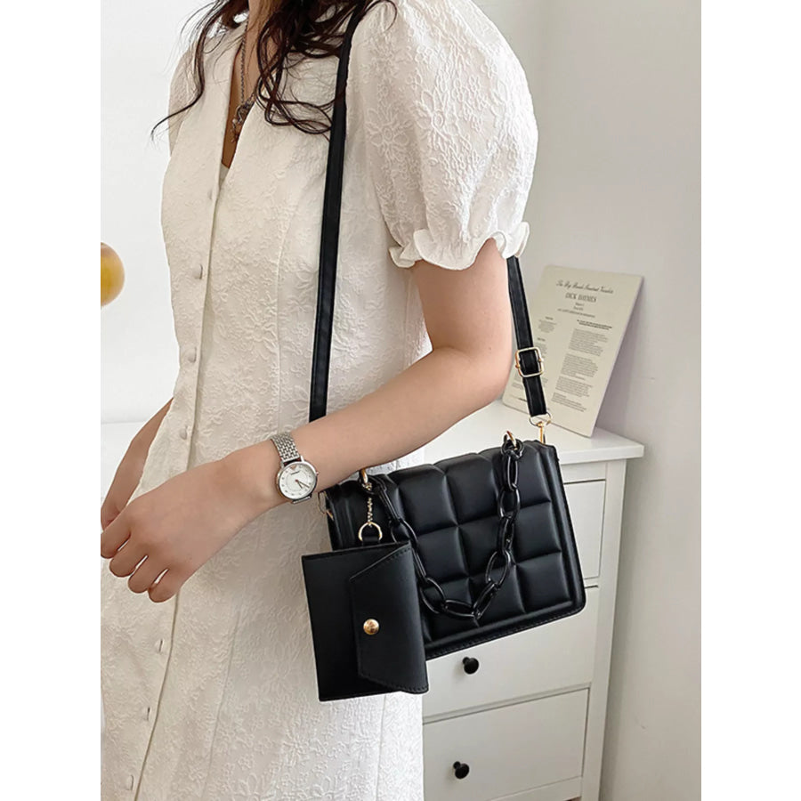 Quilted Chain Strap Crossbody Bag Black / One Size Apparel and Accessories