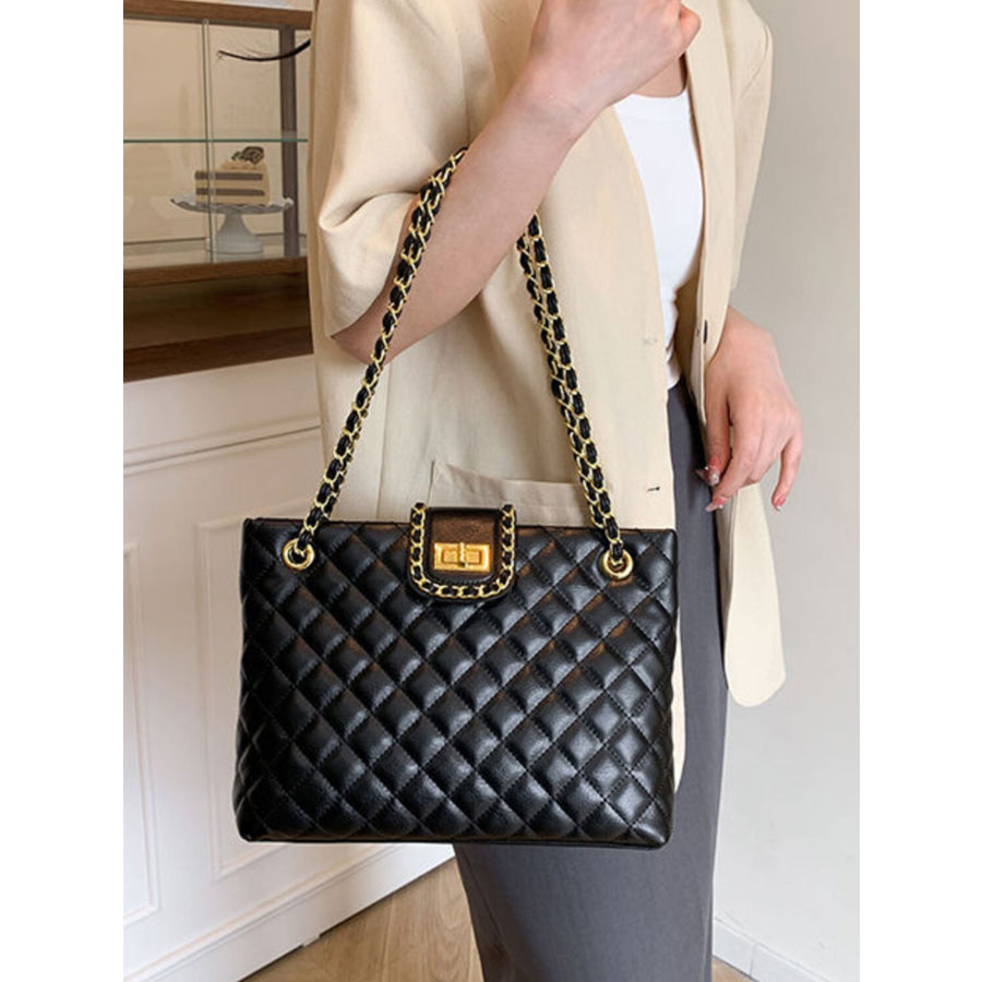 Quilted Chain Strap Shoulder Bag Black / One Size Apparel and Accessories