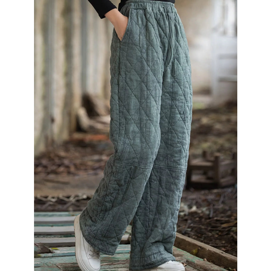 Quilted High-Waisted Wide-Leg Casual Pants Air Force Blue / One Size Apparel and Accessories