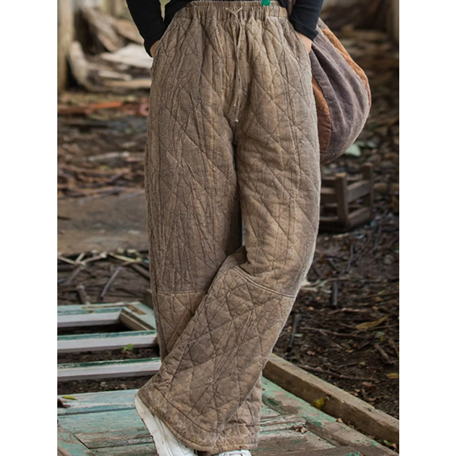 Quilted High-Waisted Wide-Leg Casual Pants Coffee Brown / One Size Apparel and Accessories
