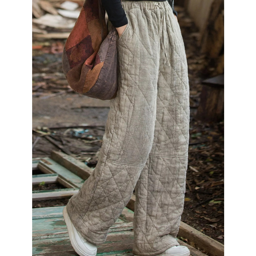 Quilted High-Waisted Wide-Leg Casual Pants Oatmeal / One Size Apparel and Accessories