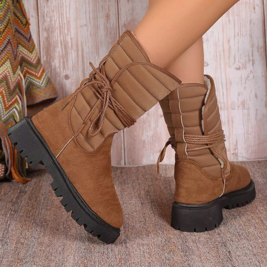 Quilted Lace-Up Mid-Calf Boots Apparel and Accessories
