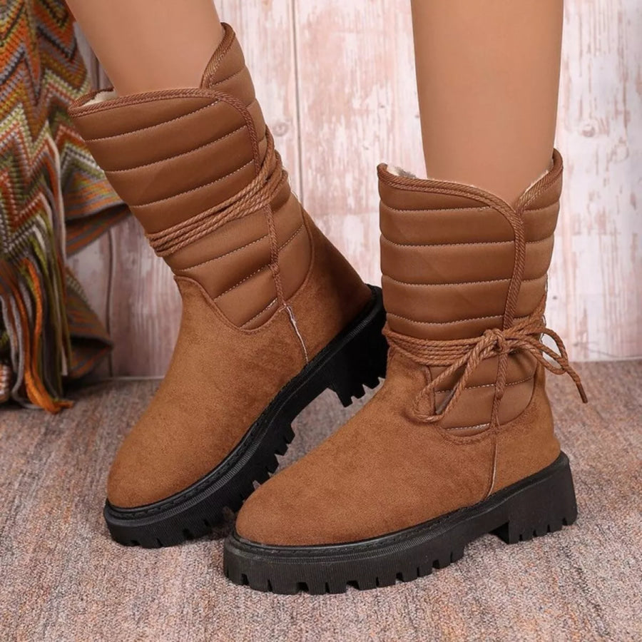 Quilted Lace-Up Mid-Calf Boots Apparel and Accessories