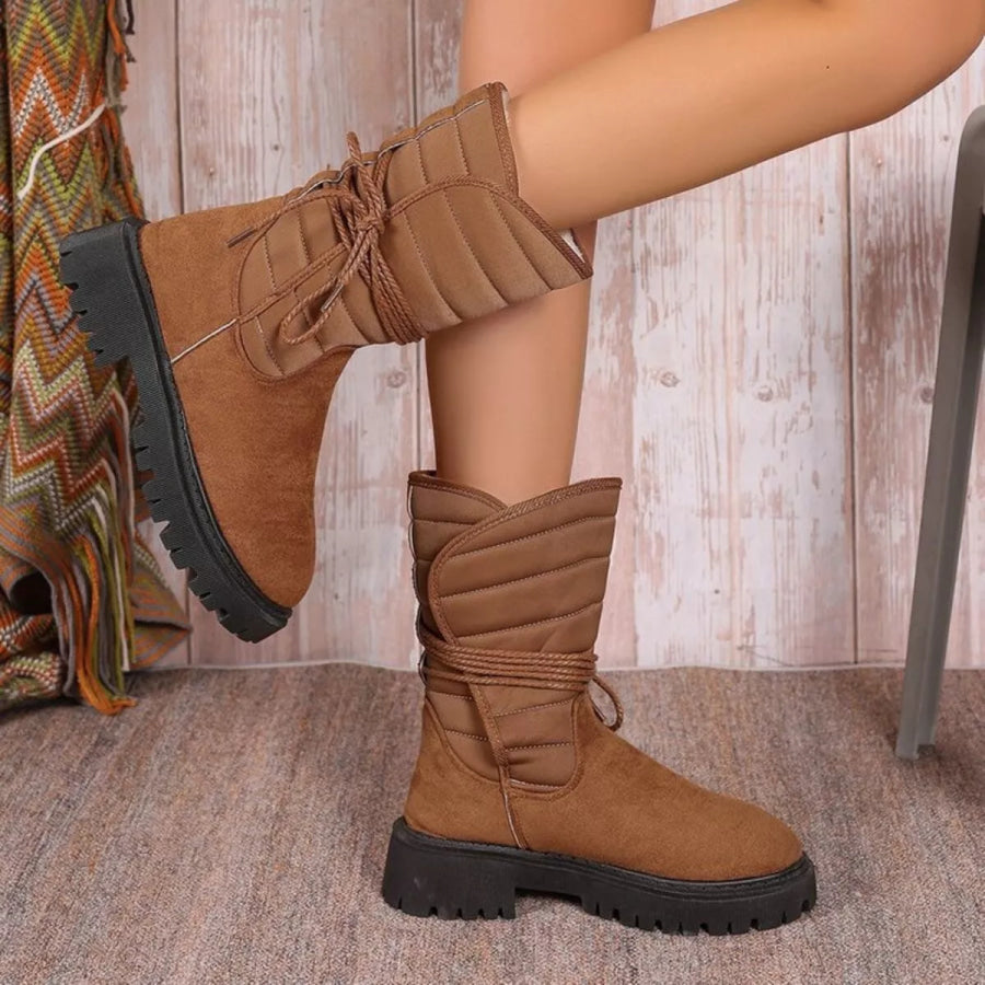 Quilted Lace-Up Mid-Calf Boots Apparel and Accessories