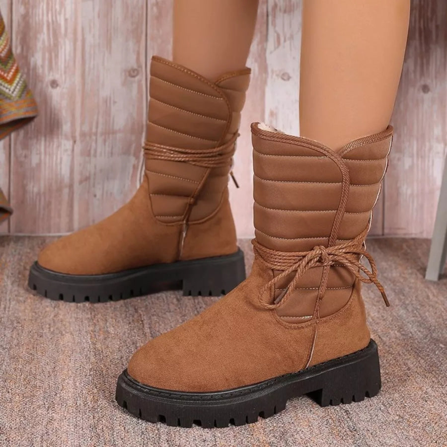 Quilted Lace-Up Mid-Calf Boots Apparel and Accessories