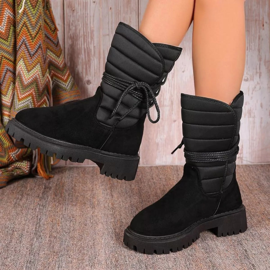 Quilted Lace-Up Mid-Calf Boots Black / 35 Apparel and Accessories