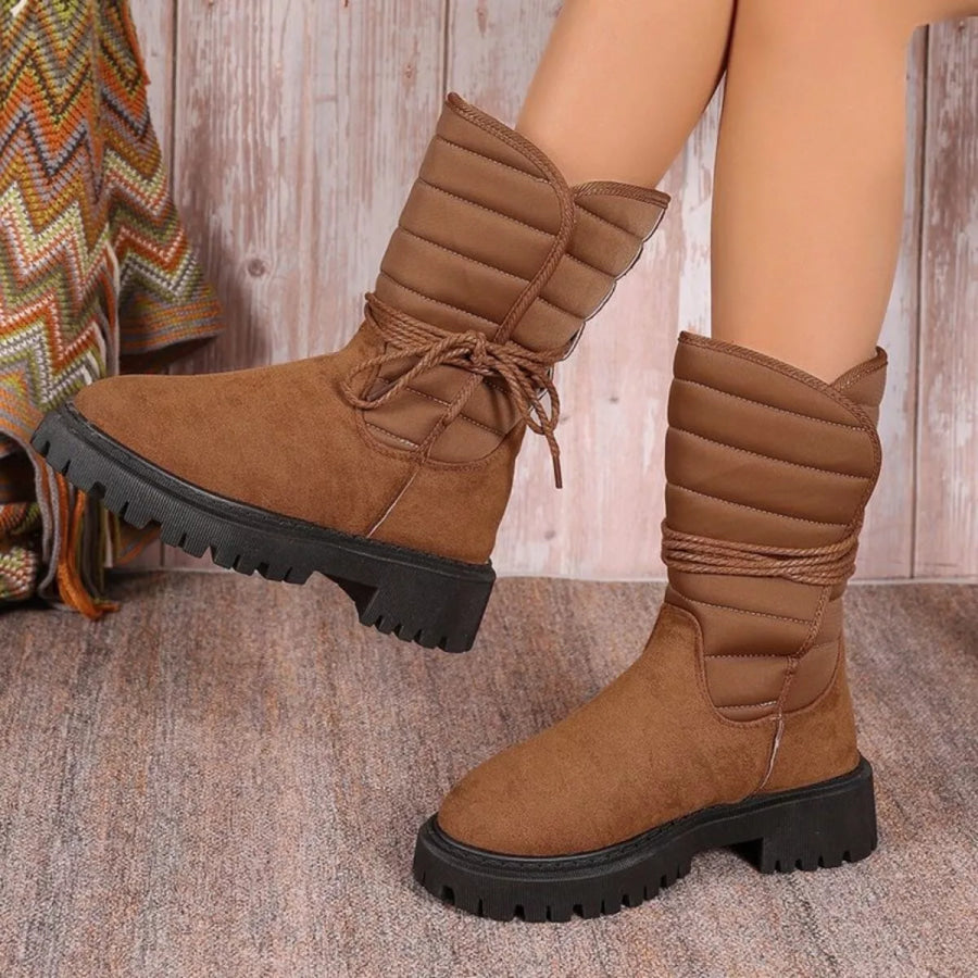 Quilted Lace-Up Mid-Calf Boots Brown / 35 Apparel and Accessories