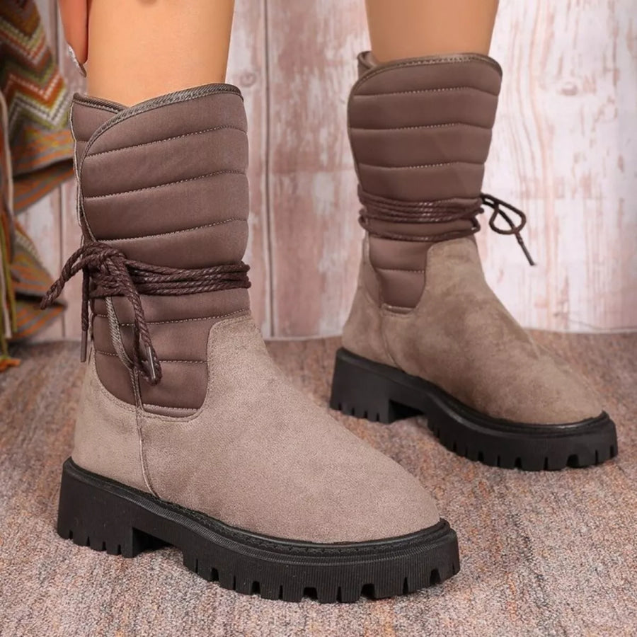 Quilted Lace-Up Mid-Calf Boots Mocha / 35 Apparel and Accessories