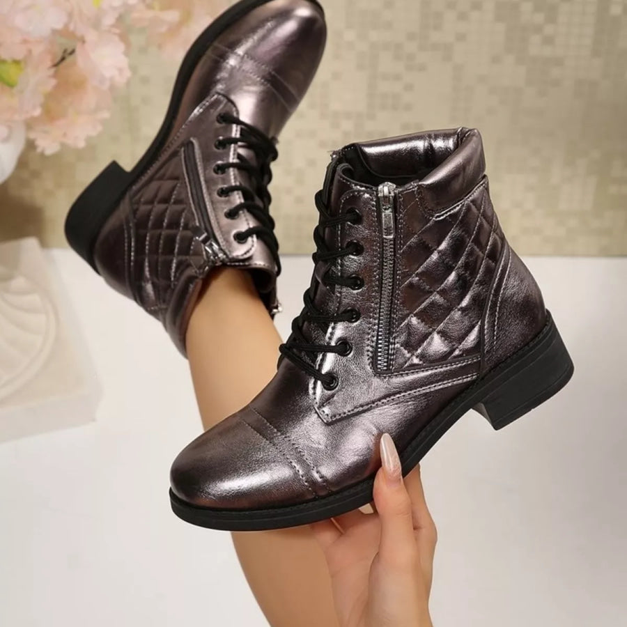 Quilted Lace-Up Side Zipper Combat Boots Apparel and Accessories