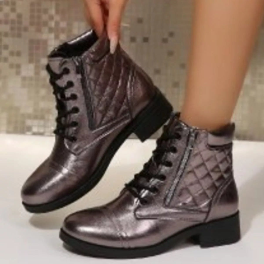 Quilted Lace-Up Side Zipper Combat Boots Apparel and Accessories